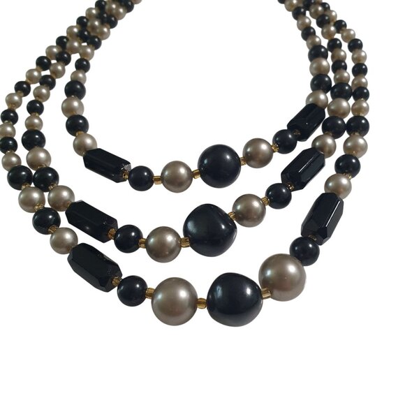 Vintage Black Gray Beaded Necklace 3 Strand Marked Japan 13 Inch Short Length - Picture 2 of 6